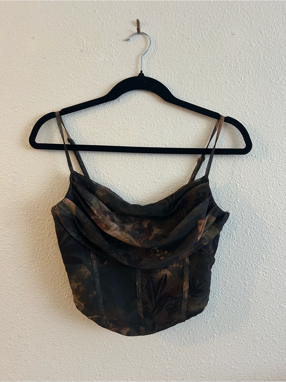 Satin Cowl Neck Art Print Cami Top - Brown